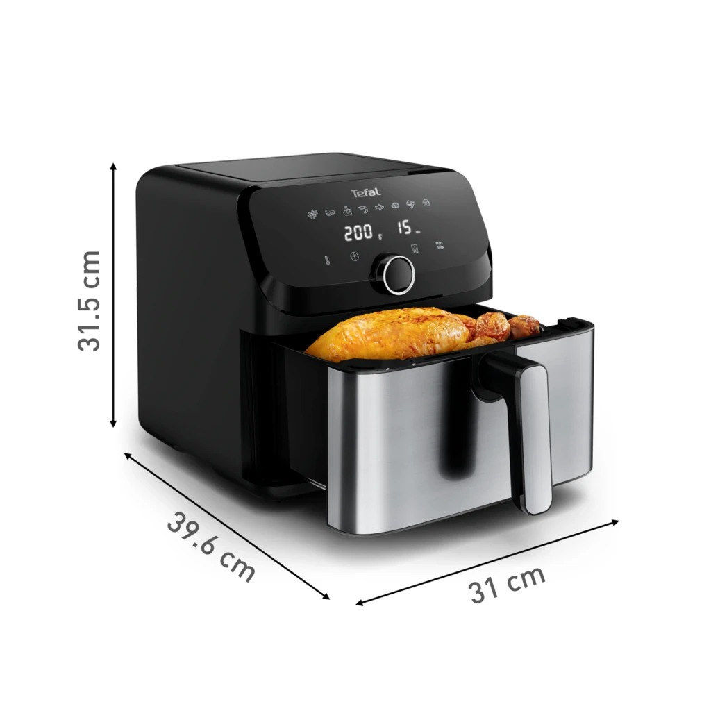 Tefal Easy Fry Mega EY855D10 7,5 L negro, vista en ángulo cajón abierto: pollo asado y patatas en cesta de acero inoxidable - Ítem10