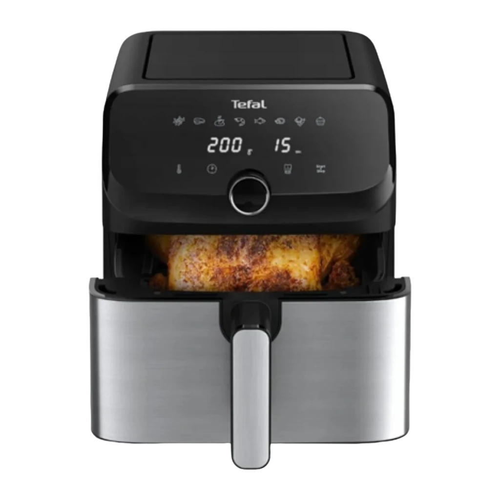 Tefal Easy Fry Mega EY855D10 7,5 L negro, vista en ángulo cajón abierto: pollo asado y patatas en cesta de acero inoxidable - Ítem2