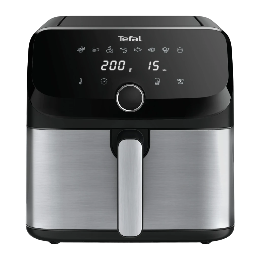 Tefal Easy Fry Mega EY855D10 7,5 L negro, vista en ángulo cajón abierto: pollo asado y patatas en cesta de acero inoxidable - Ítem1