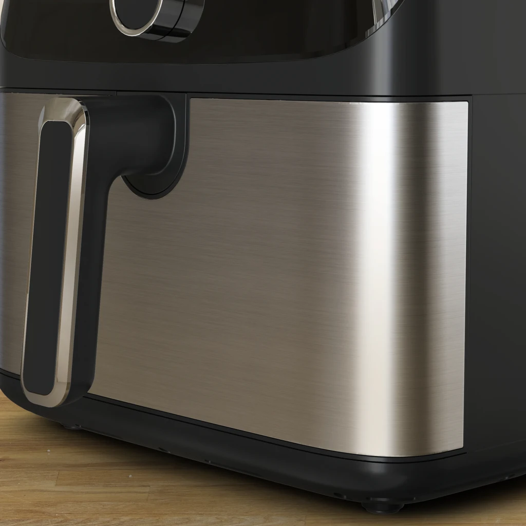 Tefal Easy Fry Mega EY855D10 7,5 L negro, vista en ángulo cajón abierto: pollo asado y patatas en cesta de acero inoxidable - Ítem4