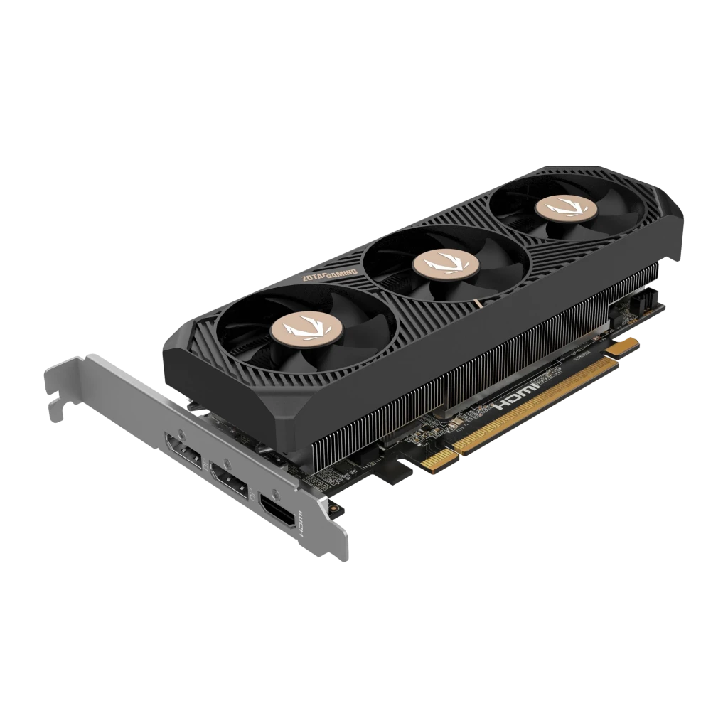 ZOTAC Gaming GeForce RTX 5060 Low Profile 8GB, caixa e placa: embalagem preta e verde ao lado da GPU com três ventoinhas - Item2