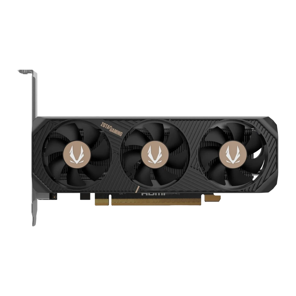 ZOTAC Gaming GeForce RTX 5060 Low Profile 8GB, caixa e placa: embalagem preta e verde ao lado da GPU com três ventoinhas - Item1