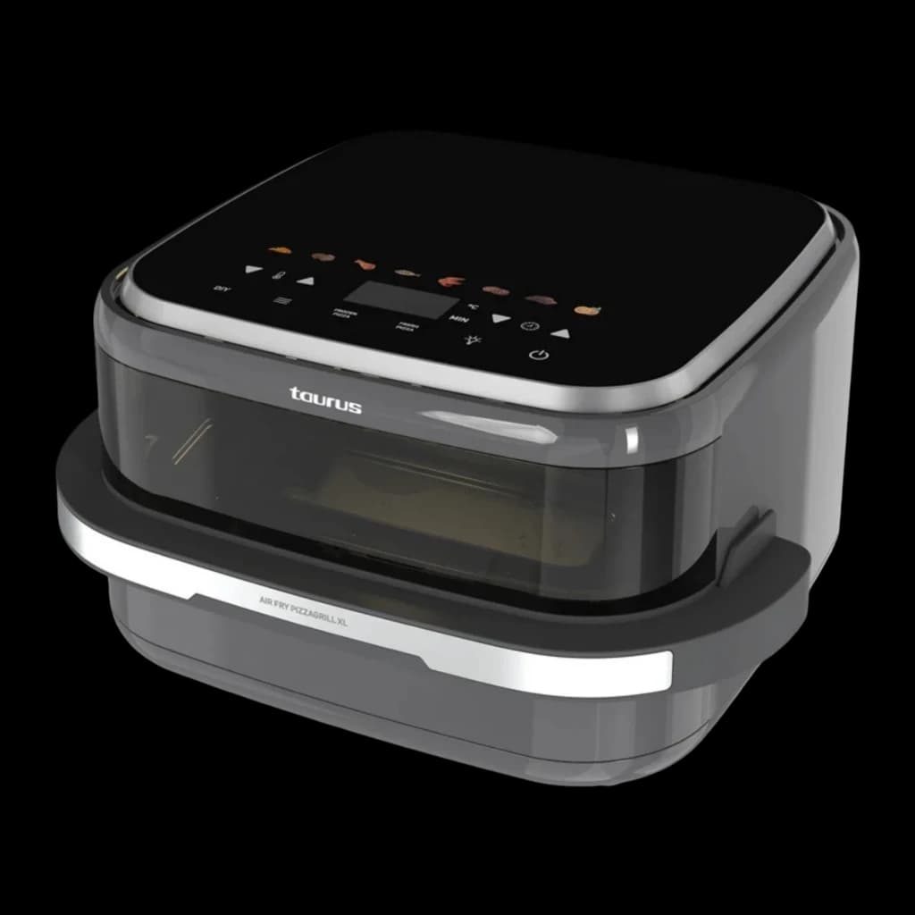 Taurus Air Fry PizzaGrill XL noir, vue en angle: panneau tactile numérique sur le couvercle et fenêtre latérale transparente