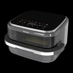 Taurus Air Fry PizzaGrill XL noir, vue en angle: panneau tactile numérique sur le couvercle et fenêtre latérale transparente