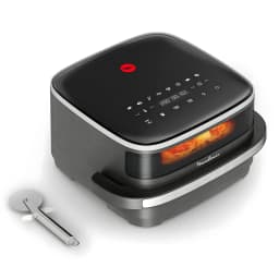 Taurus Air Fry PizzaGrill XL AF2200D 2200W Noir, vue diagonale: panneau tactile supérieur, fenêtre avec pizza visible et