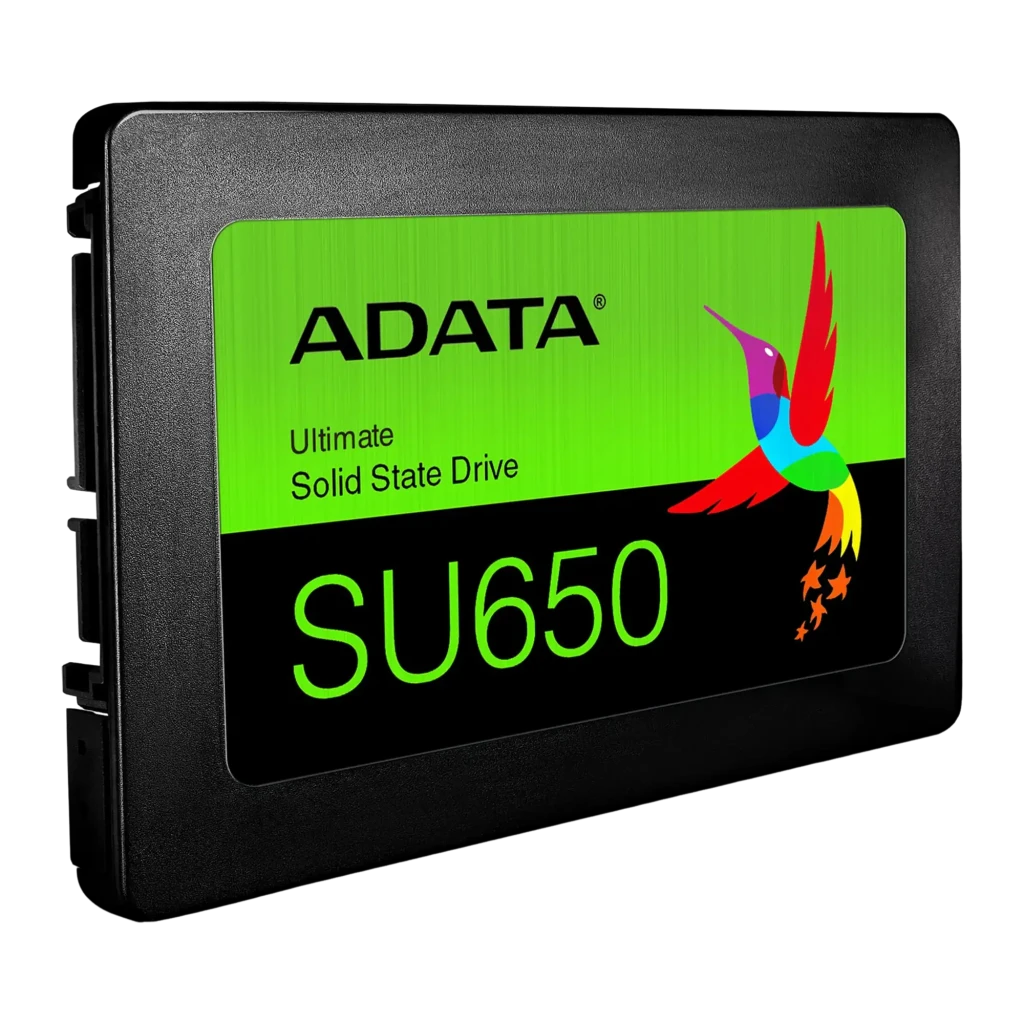 ADATA SSD Ultimate SU650 256GB noir, vue avant: étiquette verte avec logo, modèle SU650 et colibri multicolore - Ítem2