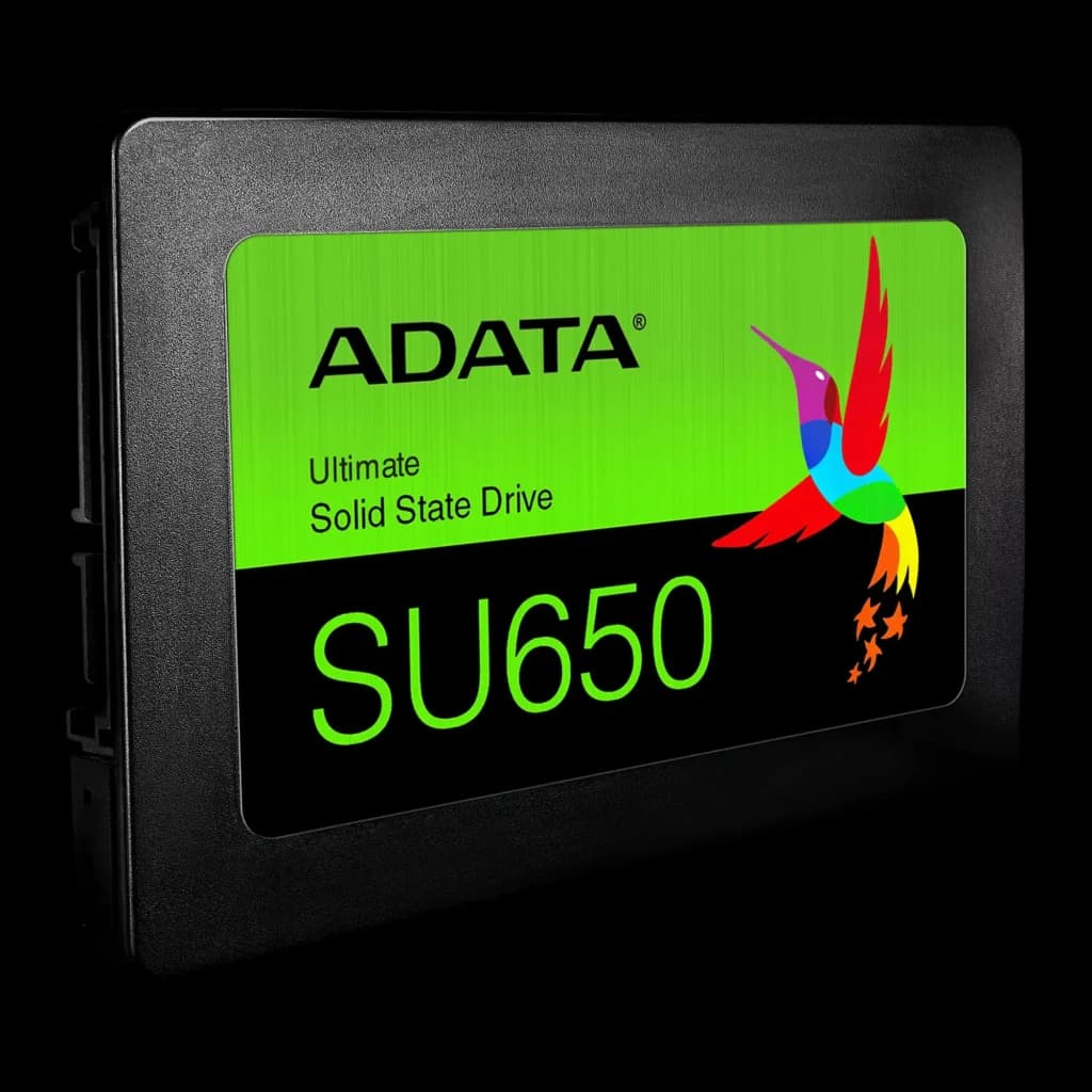 ADATA SSD Ultimate SU650 256GB negro, vista frontal: carcasa negra con raíles de montaje laterales visibles
