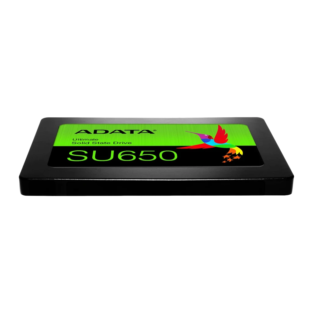 ADATA SSD Ultimate SU650 256GB noir, vue avant: étiquette verte avec logo, modèle SU650 et colibri multicolore - Ítem3