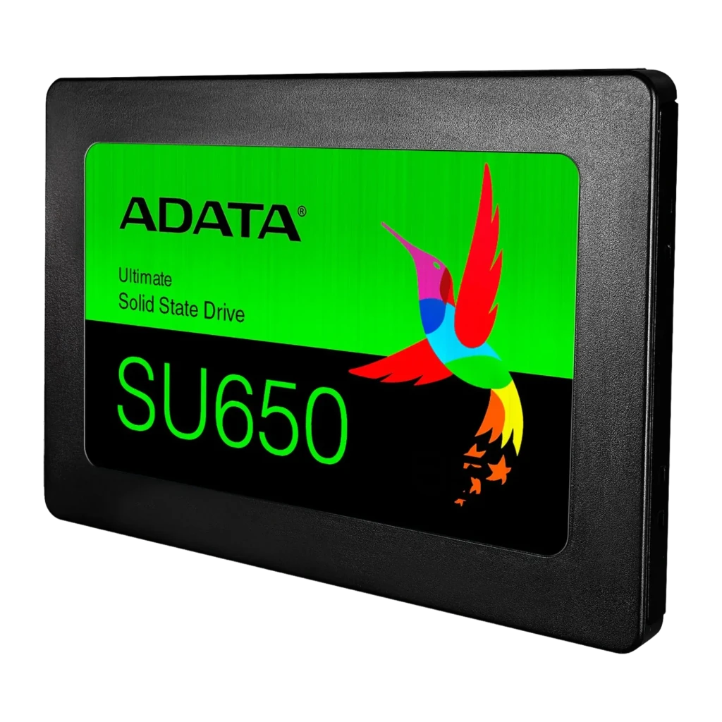 ADATA SSD Ultimate SU650 256GB noir, vue avant: étiquette verte avec logo, modèle SU650 et colibri multicolore - Ítem1