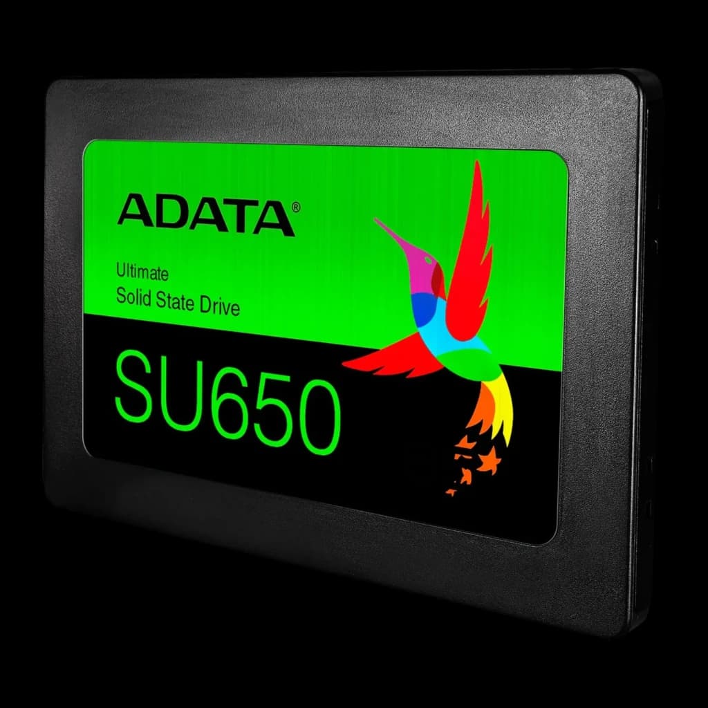 ADATA SSD Ultimate SU650 256GB negro, vista frontal en ángulo: etiqueta verde con logo y colibrí multicolor
