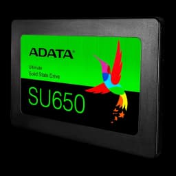ADATA SSD Ultimate SU650 256GB negro, vista frontal en ángulo: etiqueta verde con logo y colibrí multicolor