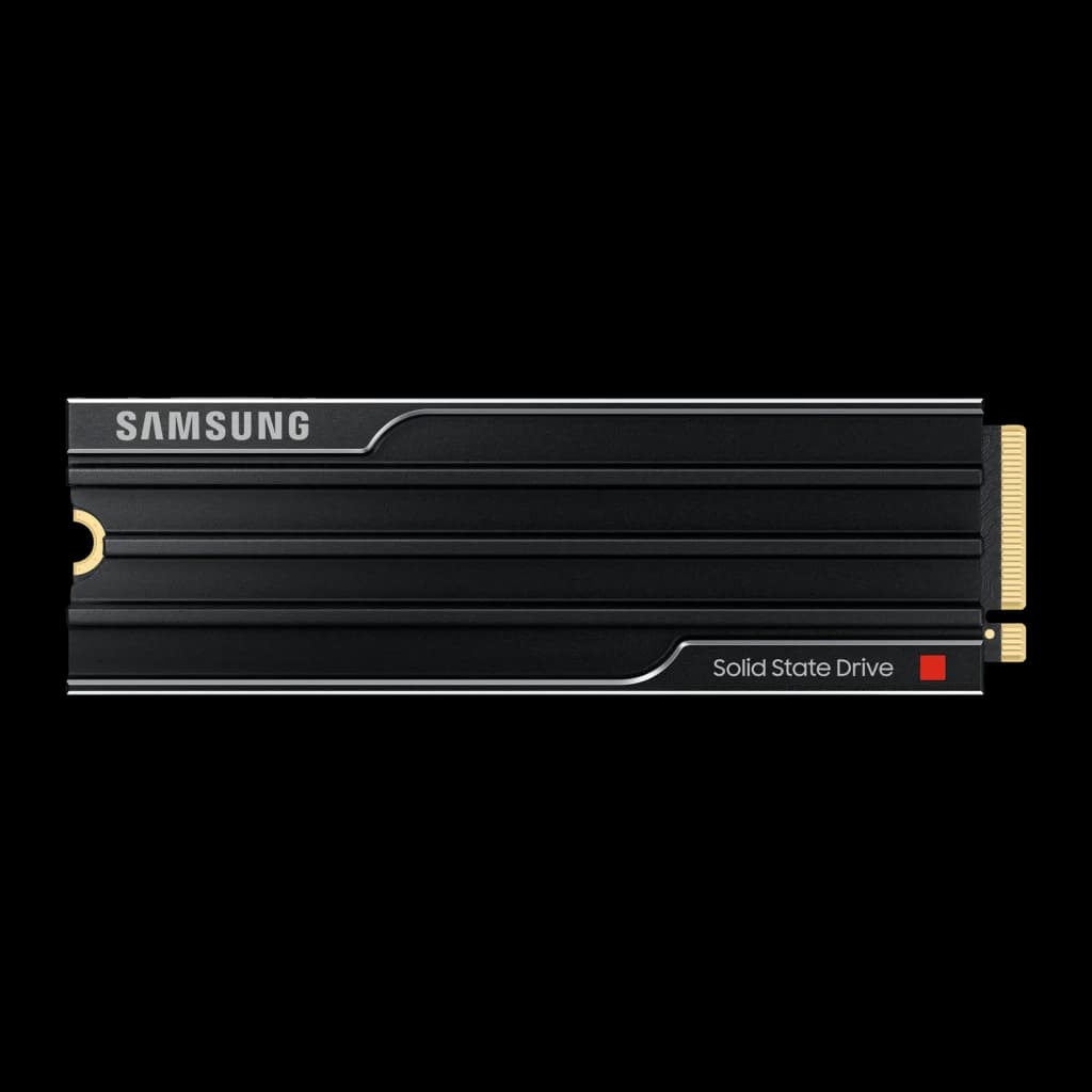 Samsung SSD 9100 Pro 1TB preto, vista superior: dissipador com aletas, logo Samsung e conector M.2 dourado