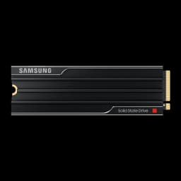 Samsung SSD 9100 Pro 1TB preto, vista superior: dissipador com aletas, logo Samsung e conector M.2 dourado