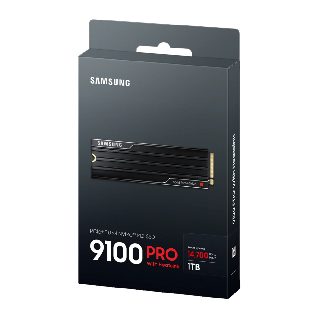 Samsung SSD 9100 Pro 1TB noir, vue dessus: dissipateur à ailettes, logo Samsung et connecteur M.2 doré - Ítem4