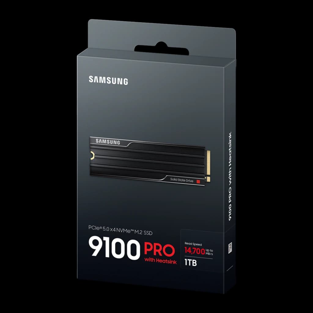 Samsung SSD 9100 Pro 1TB com dissipador, caixa: embalagem frontal cinza escuro com SSD e velocidade 14700 MB/s