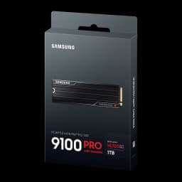 Samsung SSD 9100 Pro 1TB com dissipador, caixa: embalagem frontal cinza escuro com SSD e velocidade 14700 MB/s