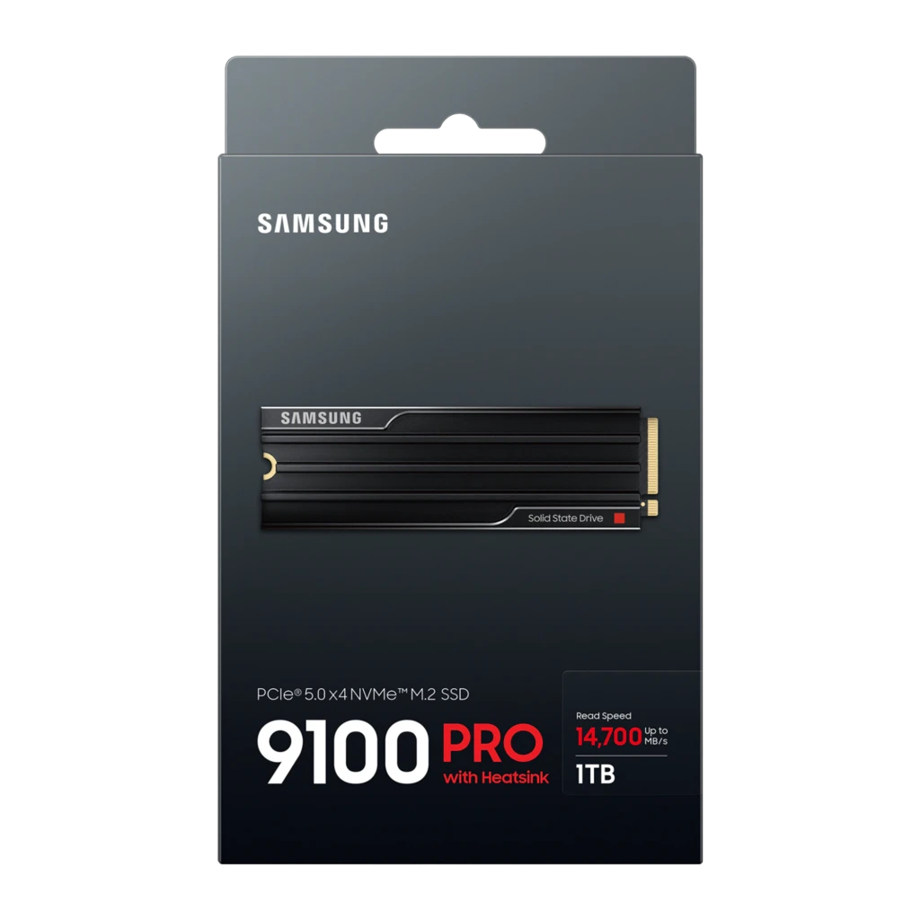 Samsung SSD 9100 Pro 1TB noir, vue dessus: dissipateur à ailettes, logo Samsung et connecteur M.2 doré - Ítem5