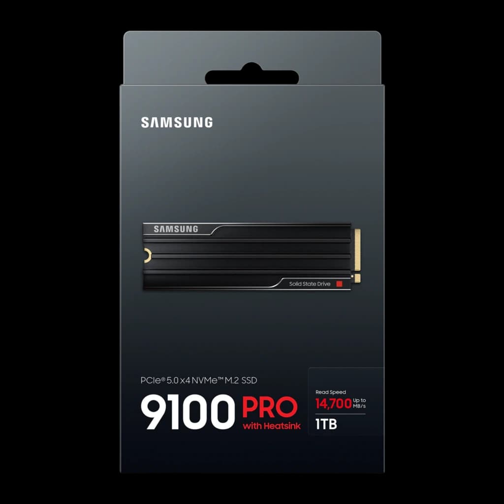 Samsung SSD 9100 Pro 1TB com dissipador, caixa frontal: embalagem preta com SSD e velocidade 14700 MB/s