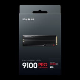 Samsung SSD 9100 Pro 1TB com dissipador, caixa frontal: embalagem preta com SSD e velocidade 14700 MB/s