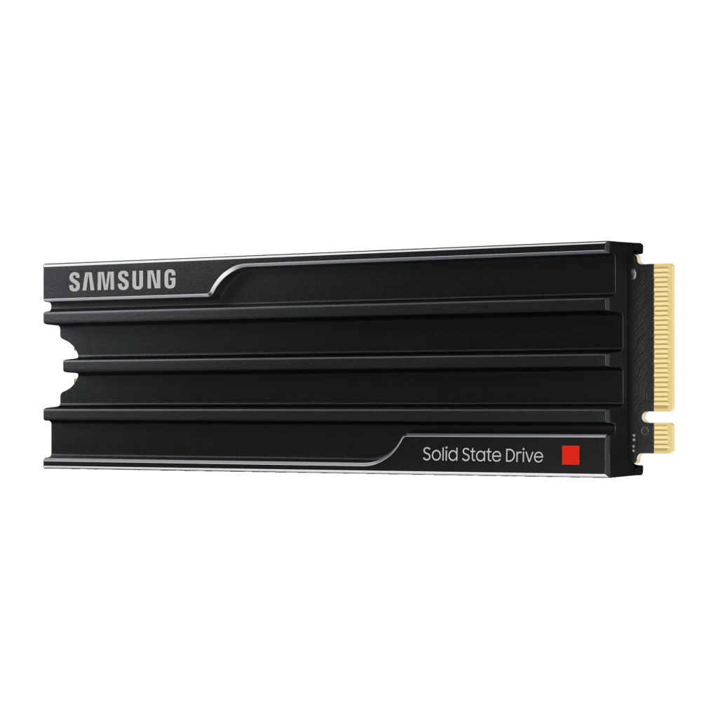 Samsung SSD 9100 Pro 1TB noir, vue dessus: dissipateur à ailettes, logo Samsung et connecteur M.2 doré - Ítem1