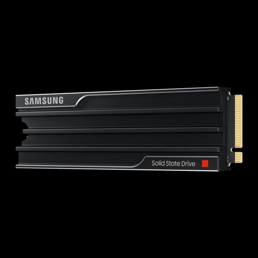 Samsung SSD 9100 Pro 1TB com dissipador preto, vista lateral: aletas de refrigeração, logo Samsung e conector M.2 dourado