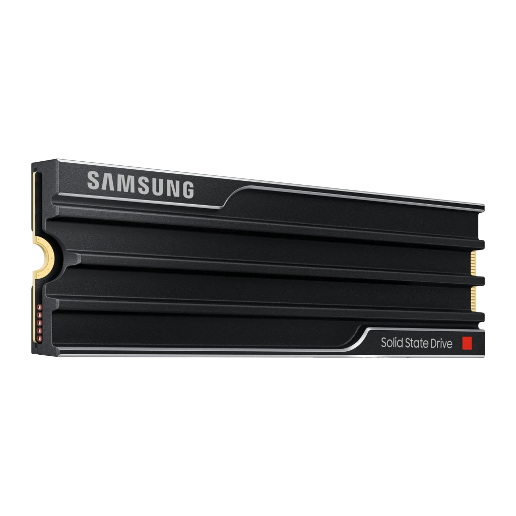Samsung SSD 9100 Pro 1TB noir, vue dessus: dissipateur à ailettes, logo Samsung et connecteur M.2 doré - Ítem2