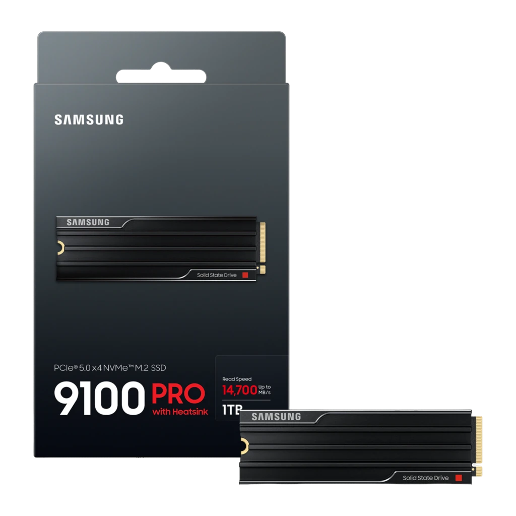 Samsung SSD 9100 Pro 1TB noir, vue dessus: dissipateur à ailettes, logo Samsung et connecteur M.2 doré - Ítem3