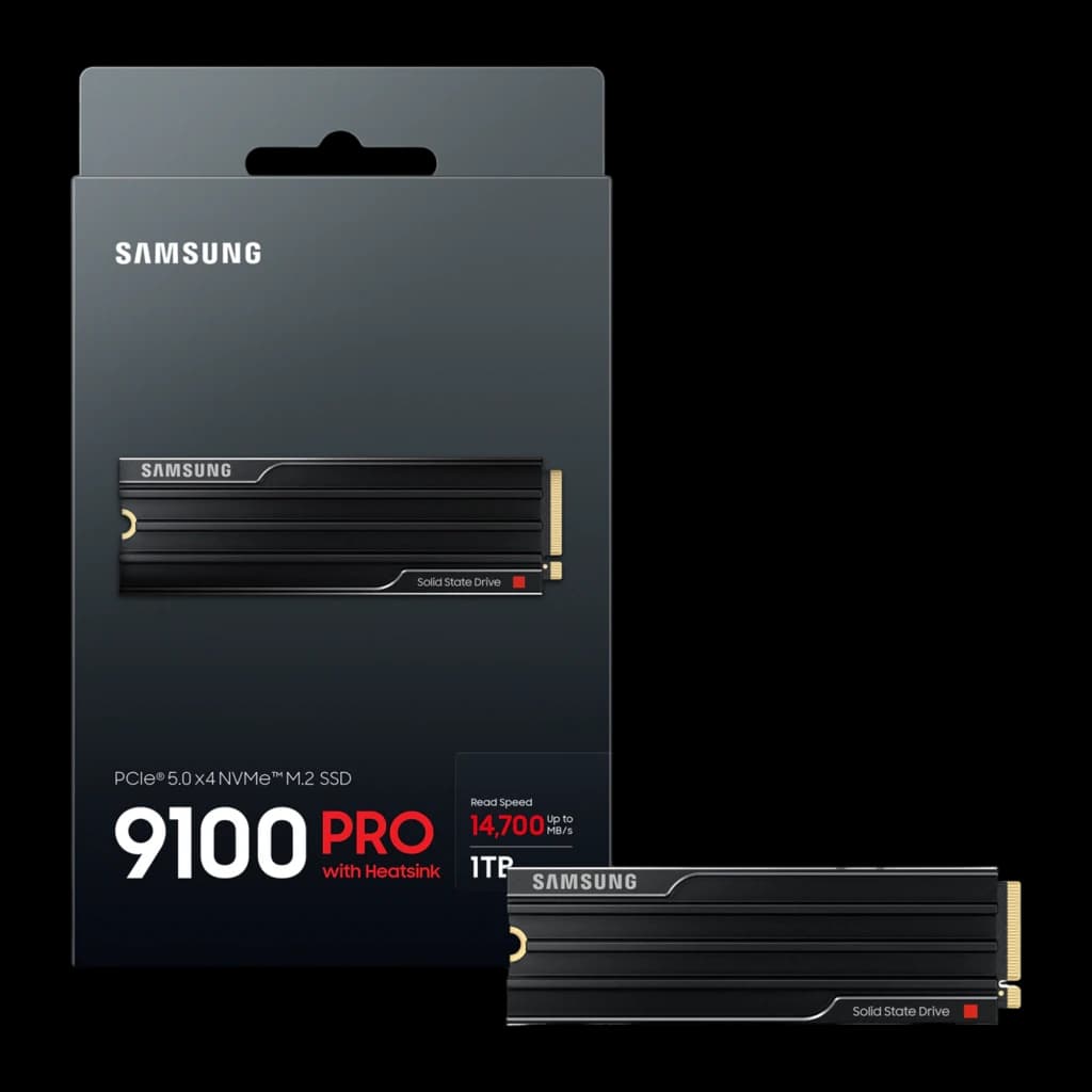 Samsung SSD 9100 Pro 1TB preto com dissipador, caixa e unidade: embalagem frontal ao lado do SSD com dissipador preto e