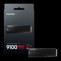 Samsung SSD 9100 Pro 1TB preto com dissipador, caixa e unidade: embalagem frontal ao lado do SSD com dissipador preto e
