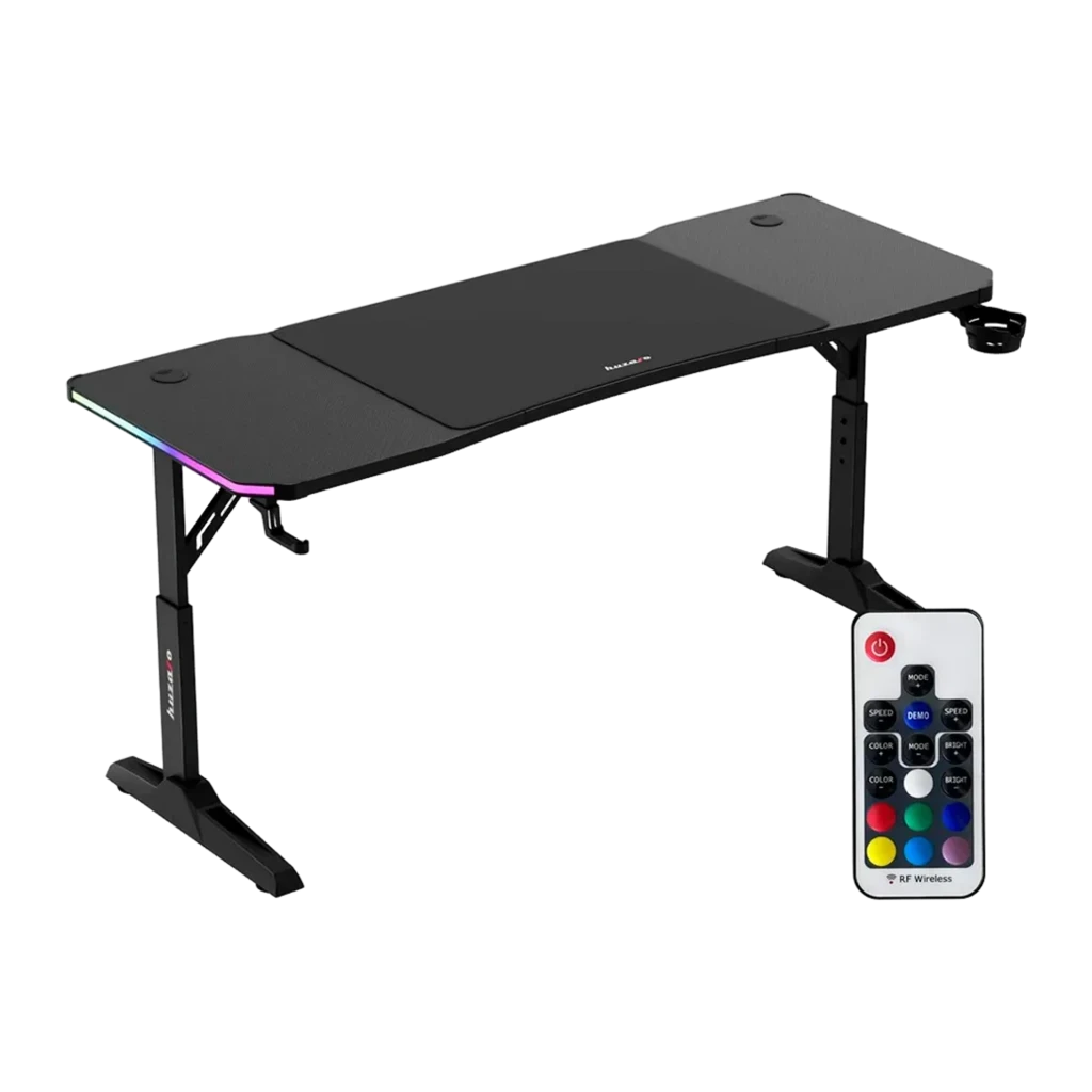 Huzaro Mesa Gaming Hero 4.6 RGB Negro, vista en perspectiva: superficie texturizada, iluminación RGB frontal y patas en T - Ítem3