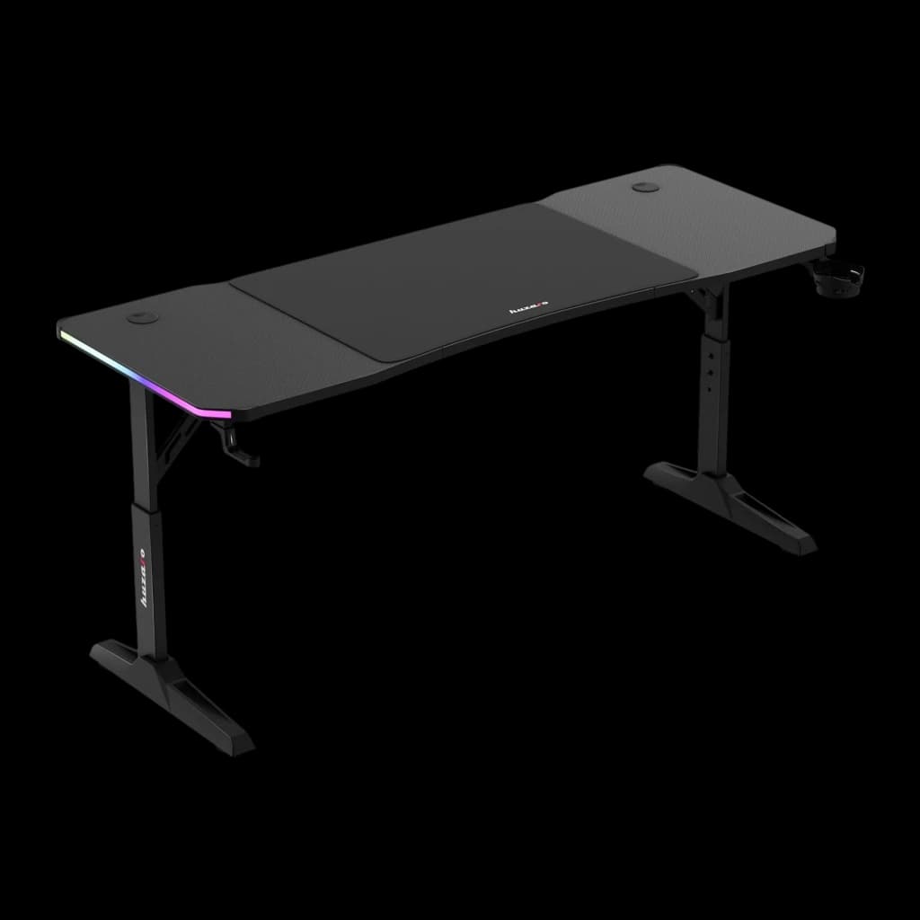 Huzaro Mesa Gaming Hero 4.6 RGB Negro, vista en perspectiva: superficie texturizada, iluminación RGB frontal y patas en T