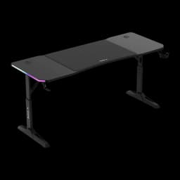 Huzaro Mesa Gaming Hero 4.6 RGB Negro, vista en perspectiva: superficie texturizada, iluminación RGB frontal y patas en T