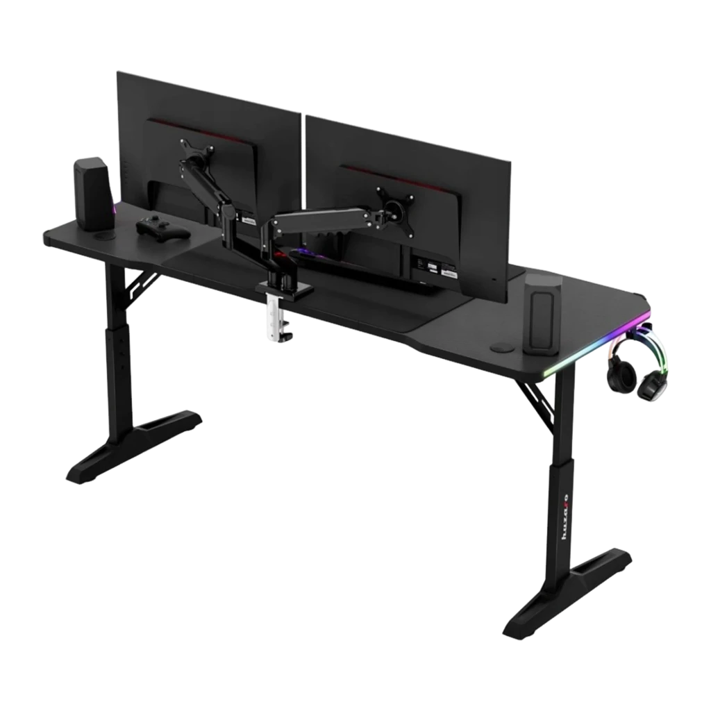 Huzaro Mesa Gaming Hero 4.6 RGB Negro, vista en perspectiva: superficie texturizada, iluminación RGB frontal y patas en T - Ítem2