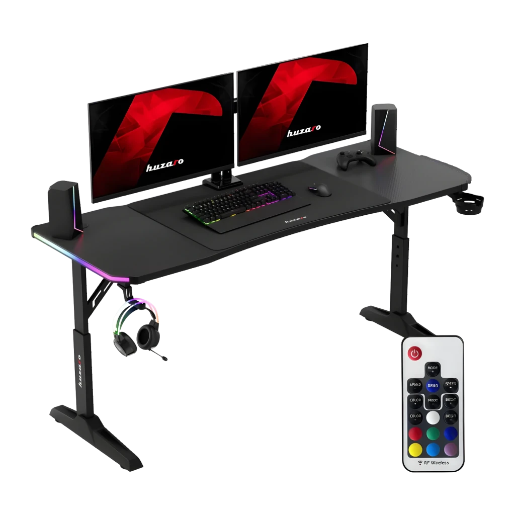 Huzaro Mesa Gaming Hero 4.6 RGB Negro, vista en perspectiva: superficie texturizada, iluminación RGB frontal y patas en T - Ítem4
