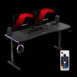 Huzaro Mesa Gaming Hero 4.6 RGB Negro, vista frontal: iluminación RGB, dos monitores, teclado, auriculares colgados y mando