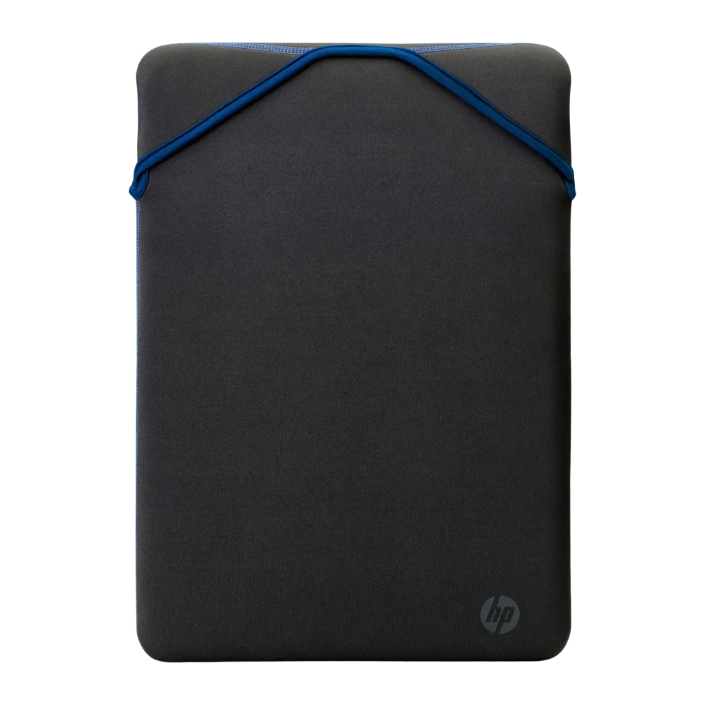 HP Housse Protective Reversible 15.6 bleu, vue avant en angle: face grise avec liseré bleu et logo HP - Ítem1