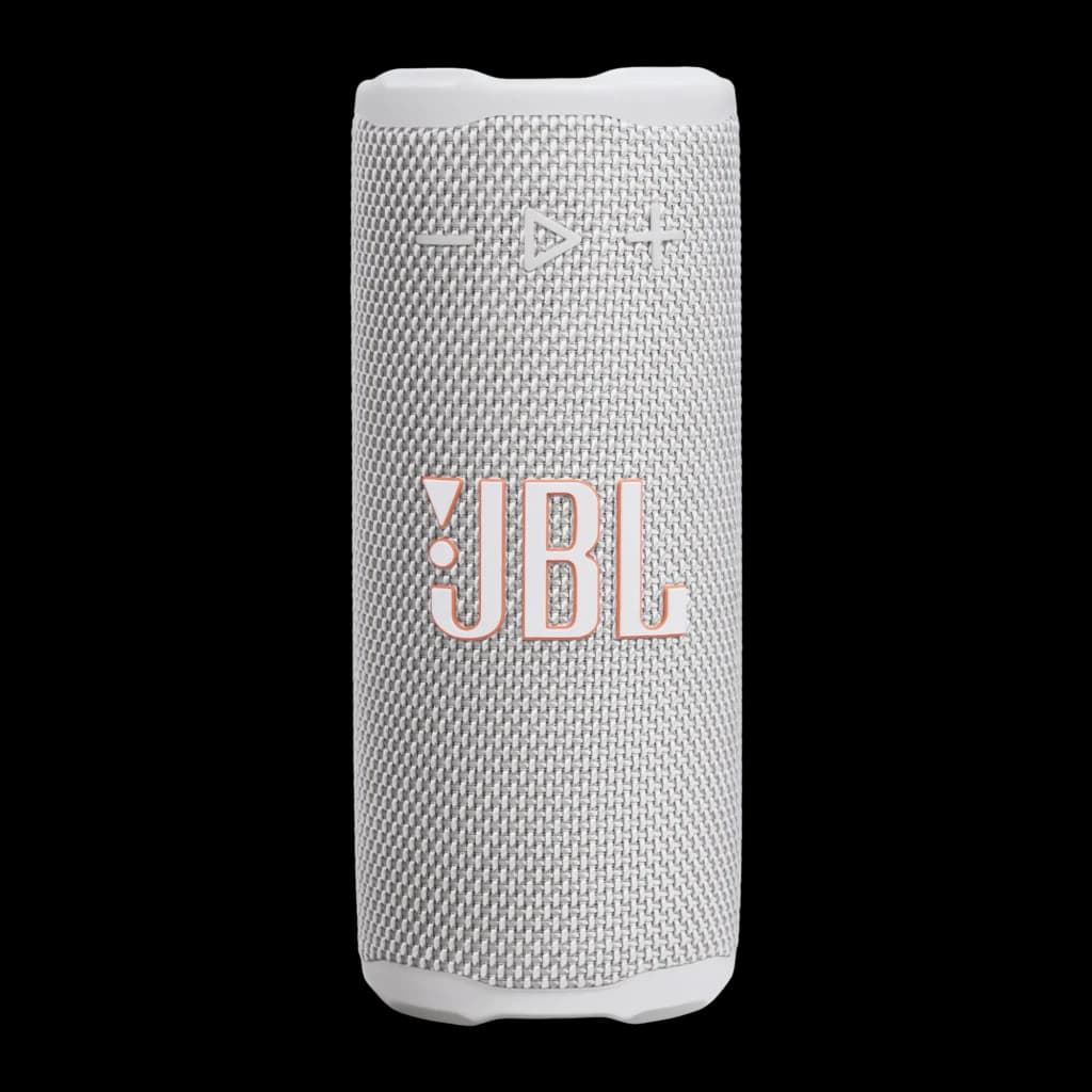 JBL Coluna Bluetooth Grip Branco, vista frontal: tecido branco, logótipo JBL em coral e botões no topo