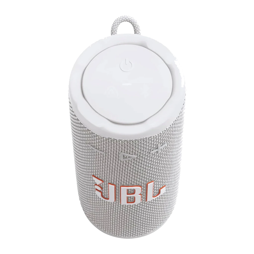 JBL Coluna Bluetooth Grip Branco, vista frontal: tecido branco, logótipo JBL em coral e botões no topo - Item2