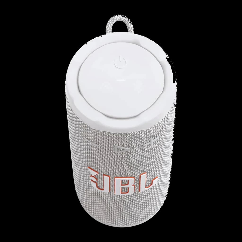 JBL Coluna Bluetooth Grip branco, vista superior em ângulo: tampa com botão de energia, logo JBL laranja e alça de transporte