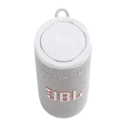 JBL Coluna Bluetooth Grip branco, vista superior em ângulo: tampa com botão de energia, logo JBL laranja e alça de transporte