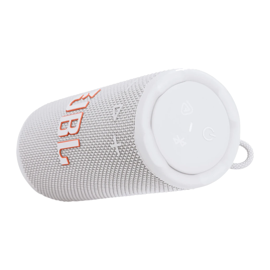 JBL Coluna Bluetooth Grip Branco, vista frontal: tecido branco, logótipo JBL em coral e botões no topo - Item4