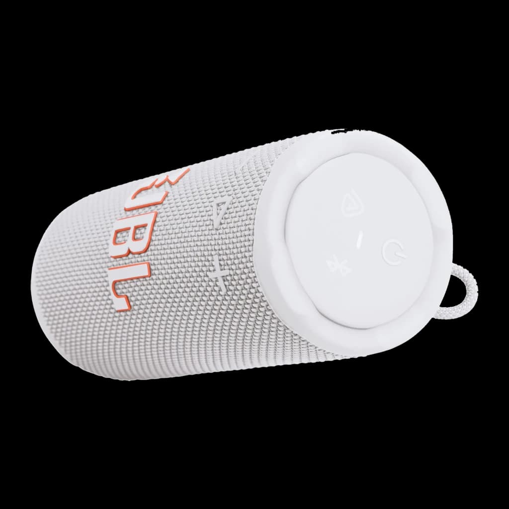 JBL Coluna Bluetooth Grip branco, vista lateral deitado: painel de botões na tampa, logo JBL laranja e alça lateral