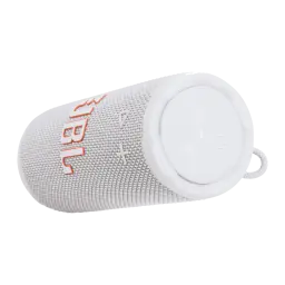 JBL Coluna Bluetooth Grip branco, vista lateral deitado: painel de botões na tampa, logo JBL laranja e alça lateral