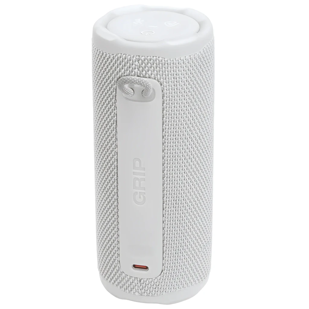 JBL Coluna Bluetooth Grip Branco, vista frontal: tecido branco, logótipo JBL em coral e botões no topo - Item1