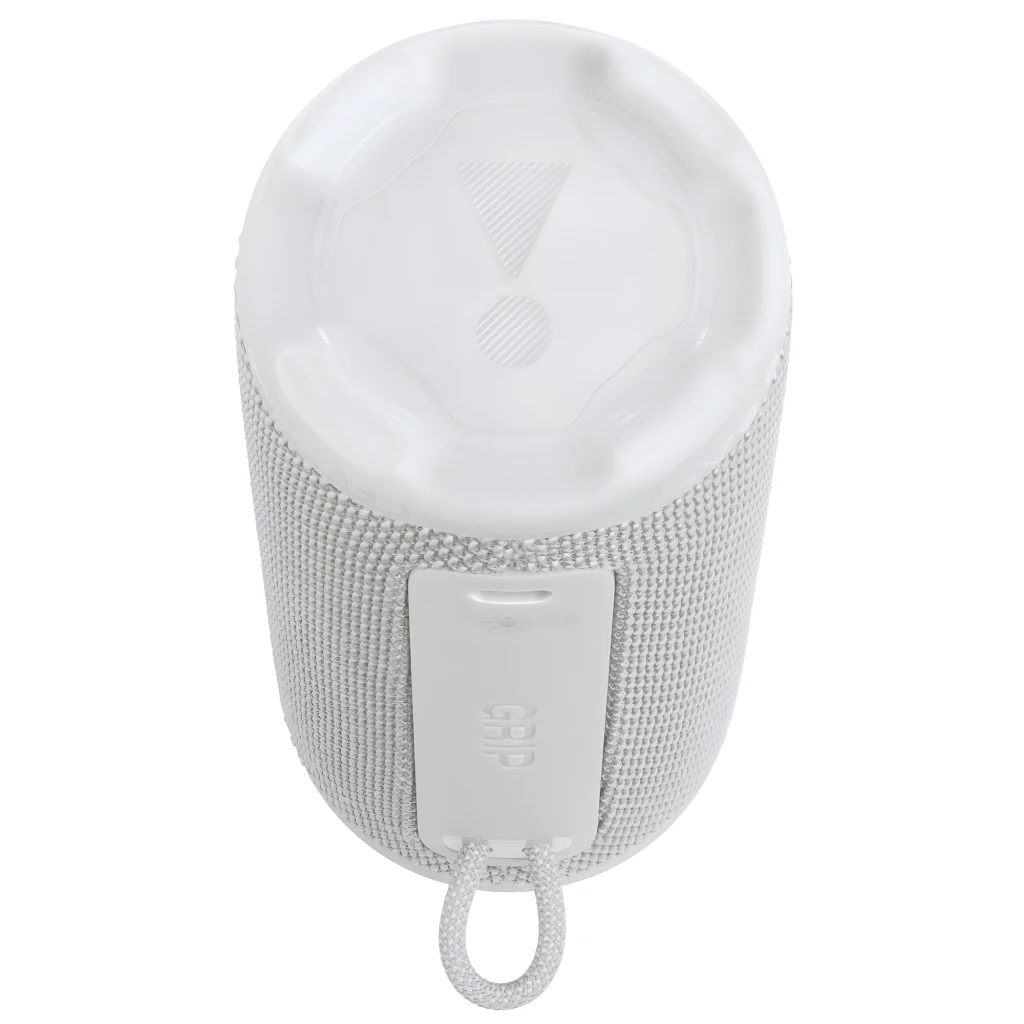 JBL Coluna Bluetooth Grip Branco, vista frontal: tecido branco, logótipo JBL em coral e botões no topo - Item3
