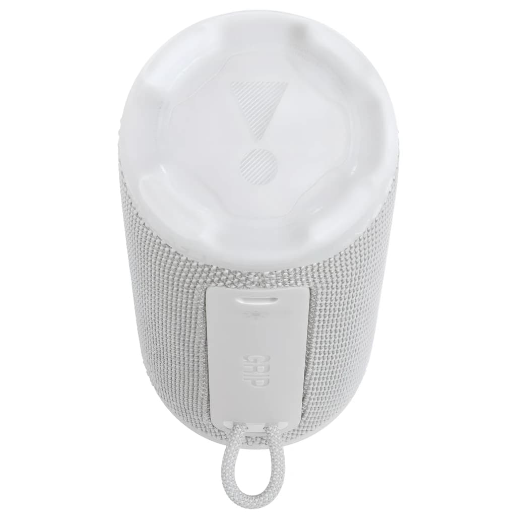 JBL Coluna Bluetooth Grip Branco, vista superior: tampa com logo JBL, grelha têxtil, clip e cordão