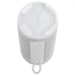 JBL Coluna Bluetooth Grip Branco, vista superior: tampa com logo JBL, grelha têxtil, clip e cordão