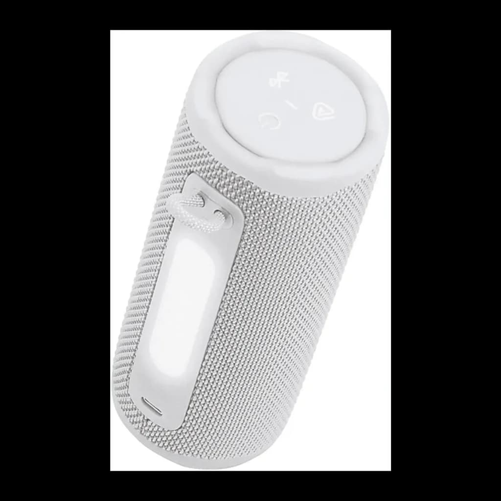 JBL Coluna Bluetooth Grip Branco, vista em ângulo: tecido cinza, alça branca e botões na tampa superior visíveis