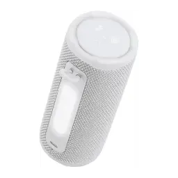 JBL Coluna Bluetooth Grip Branco, vista em ângulo: tecido cinza, alça branca e botões na tampa superior visíveis