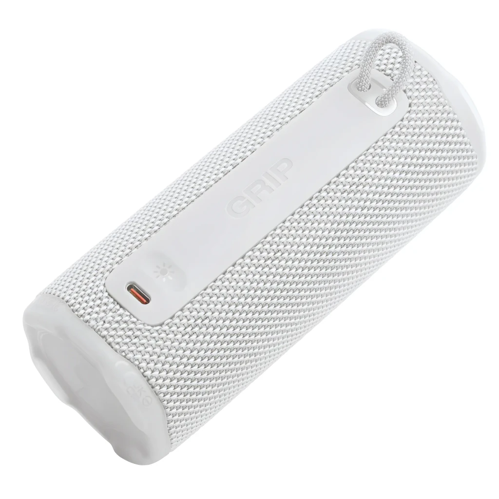 JBL Coluna Bluetooth Grip Branco, vista frontal: tecido branco, logótipo JBL em coral e botões no topo - Item6